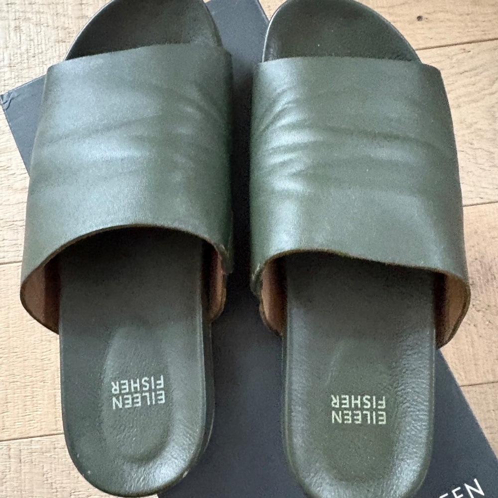 Eileen Fisher Olive Green Leather Slide Sandals - Picture 2 of 7